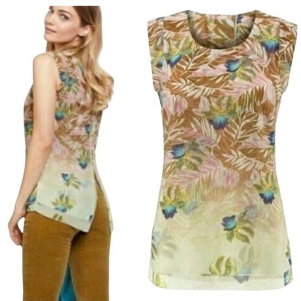 CAbi  size Large Tropical Print Parlor Sleeveless Split Back Blouse #5216
